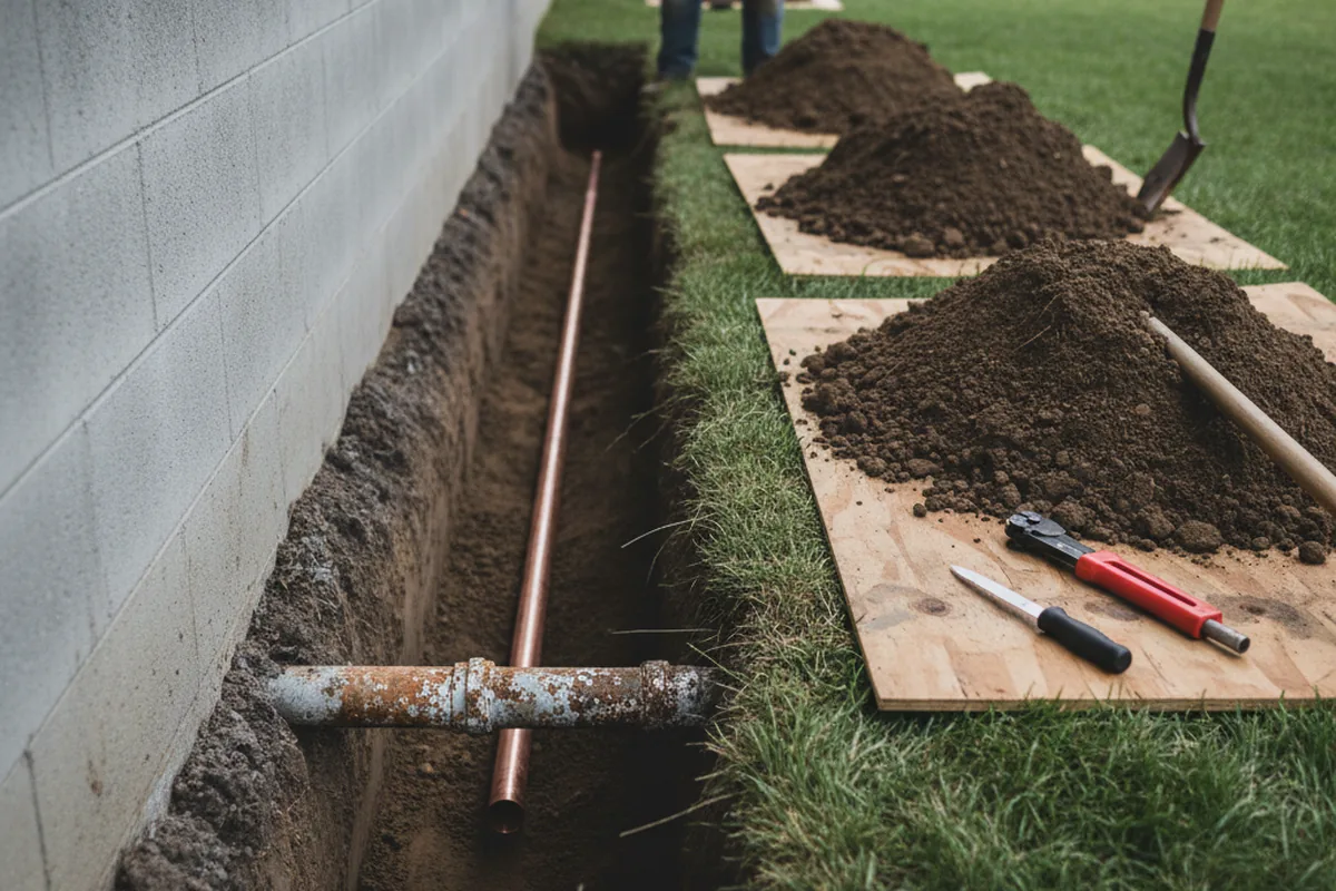 Excavated water line trench during Water Heater Repair in Mount Carmel
